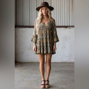 NWT Angie Clothing Boho Bell Sleeve Smocked Mini Dress